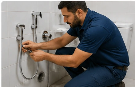 فني يركب شطاف حمام ويختبر الوصلات بالكويت
