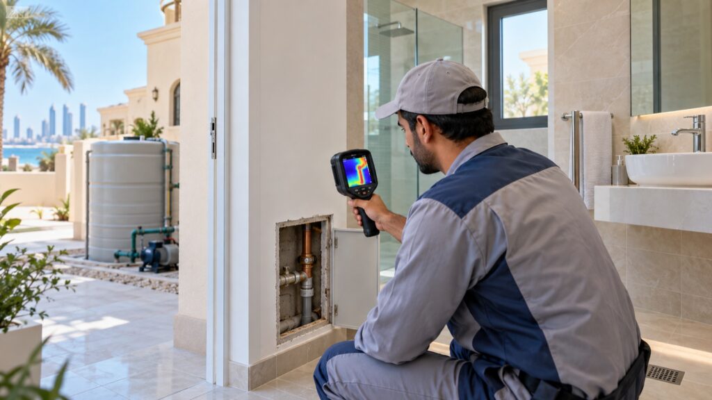 فني كشف تسربات المياه الكويت يفحص أنبوبًا بالكاميرا الحرارية
